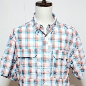Realtree Fishing Shirt Mens XL Blue Orange Plaid Short Sleeve Vented Fishing
